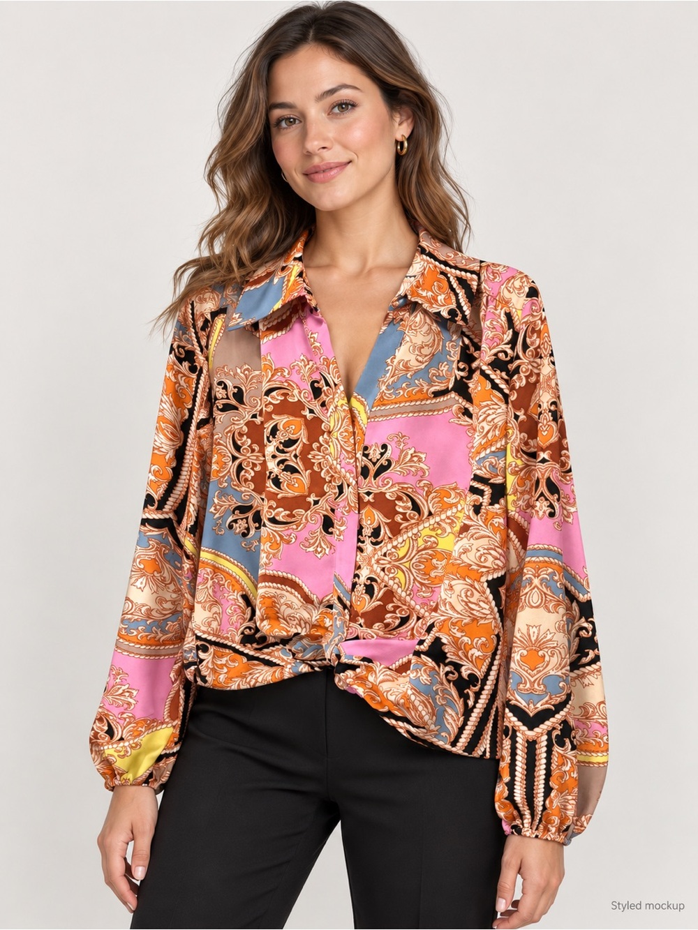 Paisley Print Satin Button-Down Blouse in Pink Mix